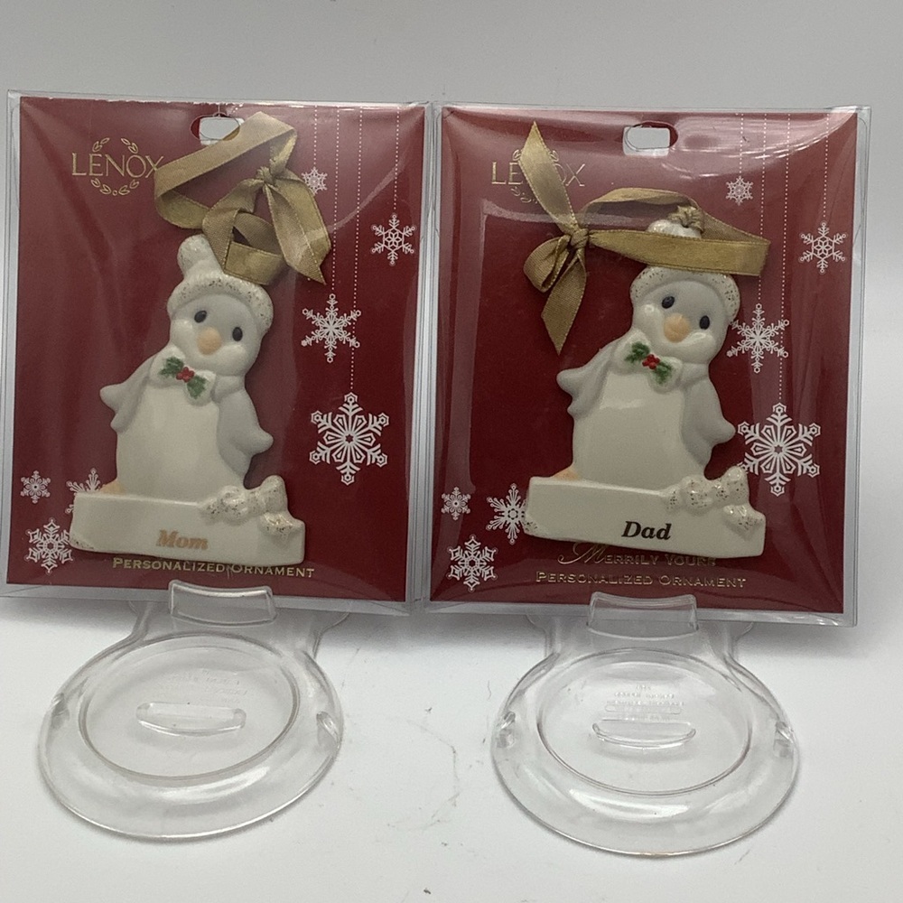 Lenox Merrily Yours Mom and Dad Penguin Christmas Ornaments